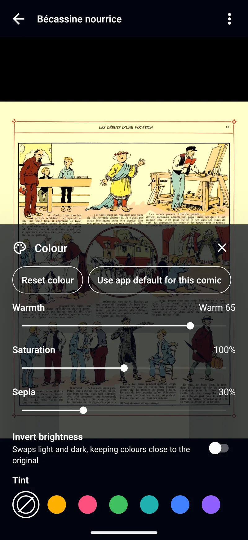 The Colour sheet open over a page of B&eacute;cassine nourrice, with buttons for Reset colour and Use app default for this comic, sliders set to Warm 65, Saturation 100% and Sepia 30%, an Invert brightness switch, and a row of tint swatches