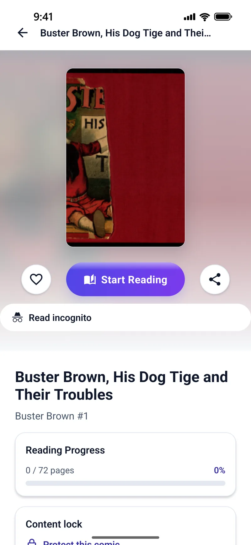 The details page for Buster Brown, His Dog Tige and Their Troubles, showing the cover, a Start Reading button, a Read incognito button beneath it, a Reading Progress card at 0 of 72 pages, and the top of a Content lock card