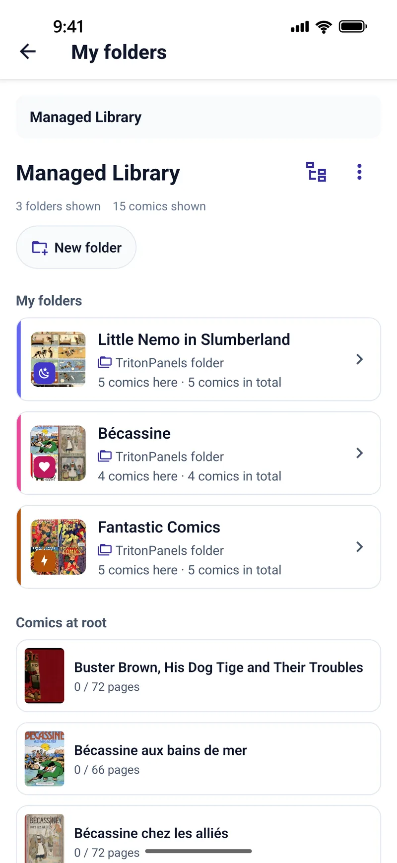 The My folders screen for the Managed Library in TritonPanels, with a New folder button and three folders: Little Nemo in Slumberland with a blue stripe and moon symbol, B&eacute;cassine with a pink stripe and heart symbol, and Fantastic Comics with an orange stripe and lightning symbol, each with a cover and a comic count. Below, under Comics at root, are individual comics with their page progress.