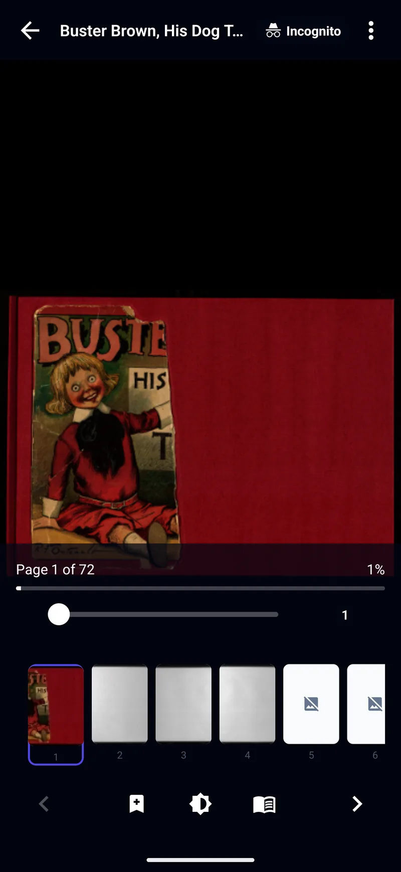 The TritonPanels reader showing the red cover of Buster Brown with an Incognito chip in the top bar, beside a Page 1 of 72 counter, a page scrubber and page thumbnails