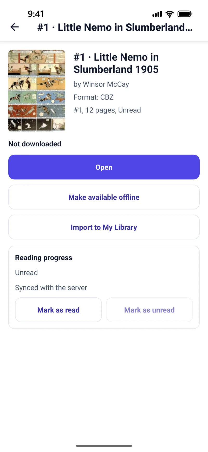 A Komga book in TritonPanels: Little Nemo in Slumberland 1905 by Winsor McCay, CBZ, 12 pages, not downloaded, with Open, Make available offline and Import to My Library buttons, and a Reading progress panel reading Unread, Synced with the server, with Mark as read and Mark as unread