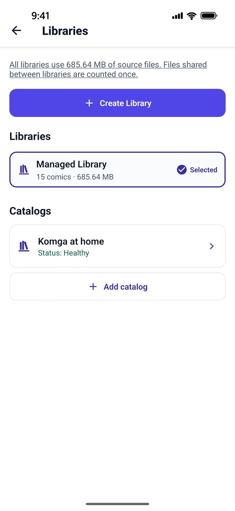 The TritonPanels Libraries screen with a Create Library button, the Managed Library selected with 15 comics, and a Catalogs section listing a server called Komga at home with Status: Healthy above an Add catalog button
