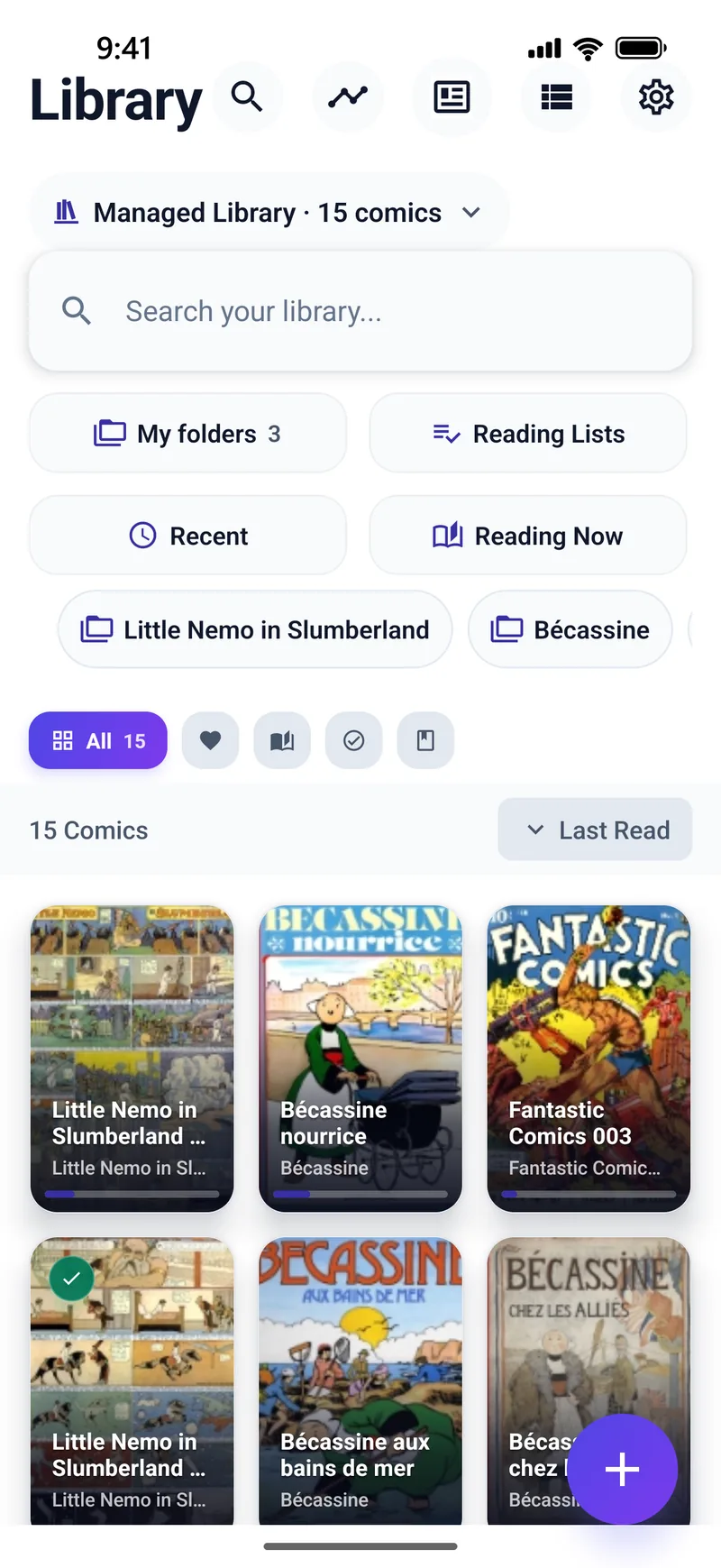 The TritonPanels Library screen showing the Managed Library with 15 comics, with buttons for My folders, Reading Lists, Recent and Reading Now, filter chips, a Last Read sort, and a grid of old comic covers including Little Nemo in Slumberland, B&eacute;cassine and Fantastic Comics 003.