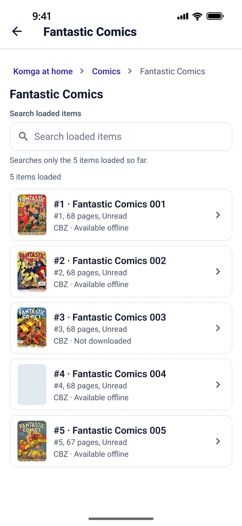 A Fantastic Comics series on a Komga server named Komga at home, browsed in TritonPanels. Five issues are listed with their covers, page counts and Unread status; four are marked CBZ, Available offline and issue 3 is marked CBZ, Not downloaded.