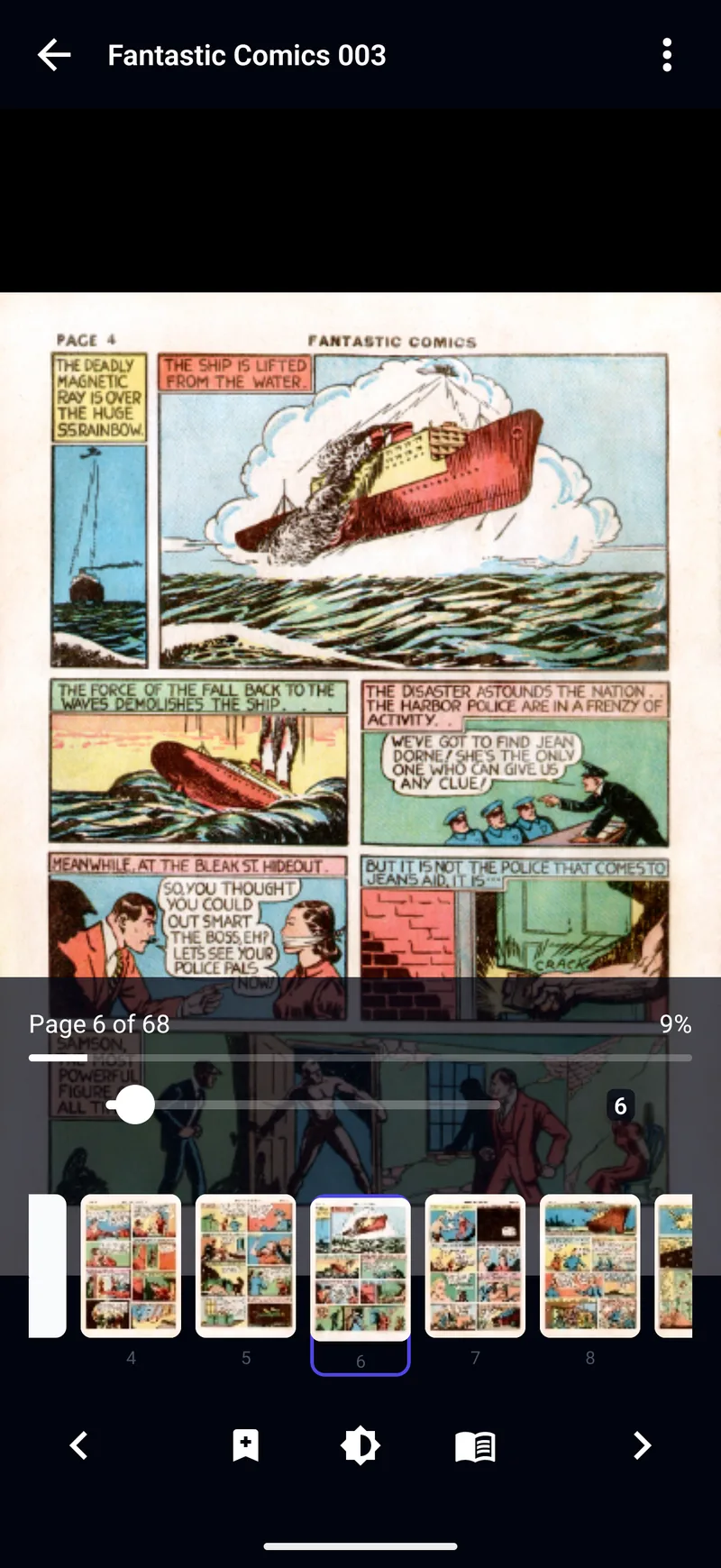 A page of Fantastic Comics 003 open in TritonPanels with the controls showing: Page 6 of 68, a page slider and a strip of page thumbnails numbered 4 to 8
