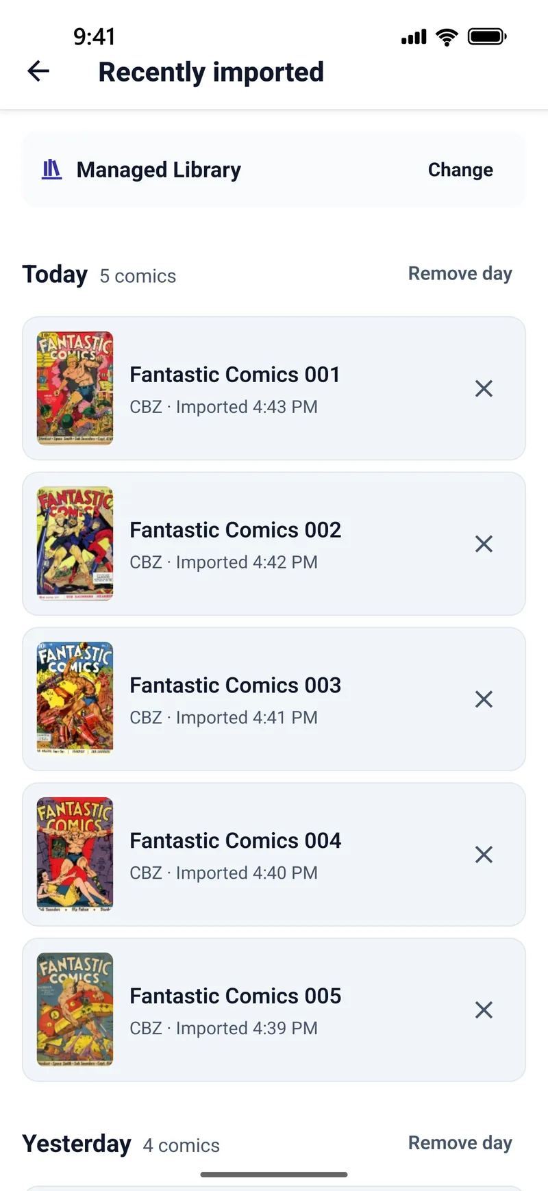 The Recently imported screen in TritonPanels listing five issues of Fantastic Comics, each marked CBZ with the time it was imported