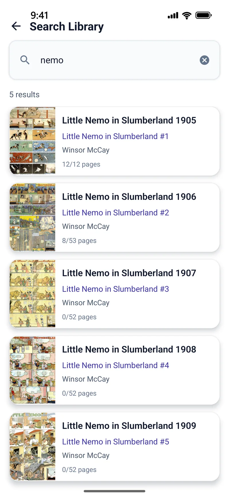 The Search Library screen in TritonPanels with the query nemo, showing 5 results: Little Nemo in Slumberland 1905 to 1909, each with its series and issue number, the creator Winsor McCay, and pages read.