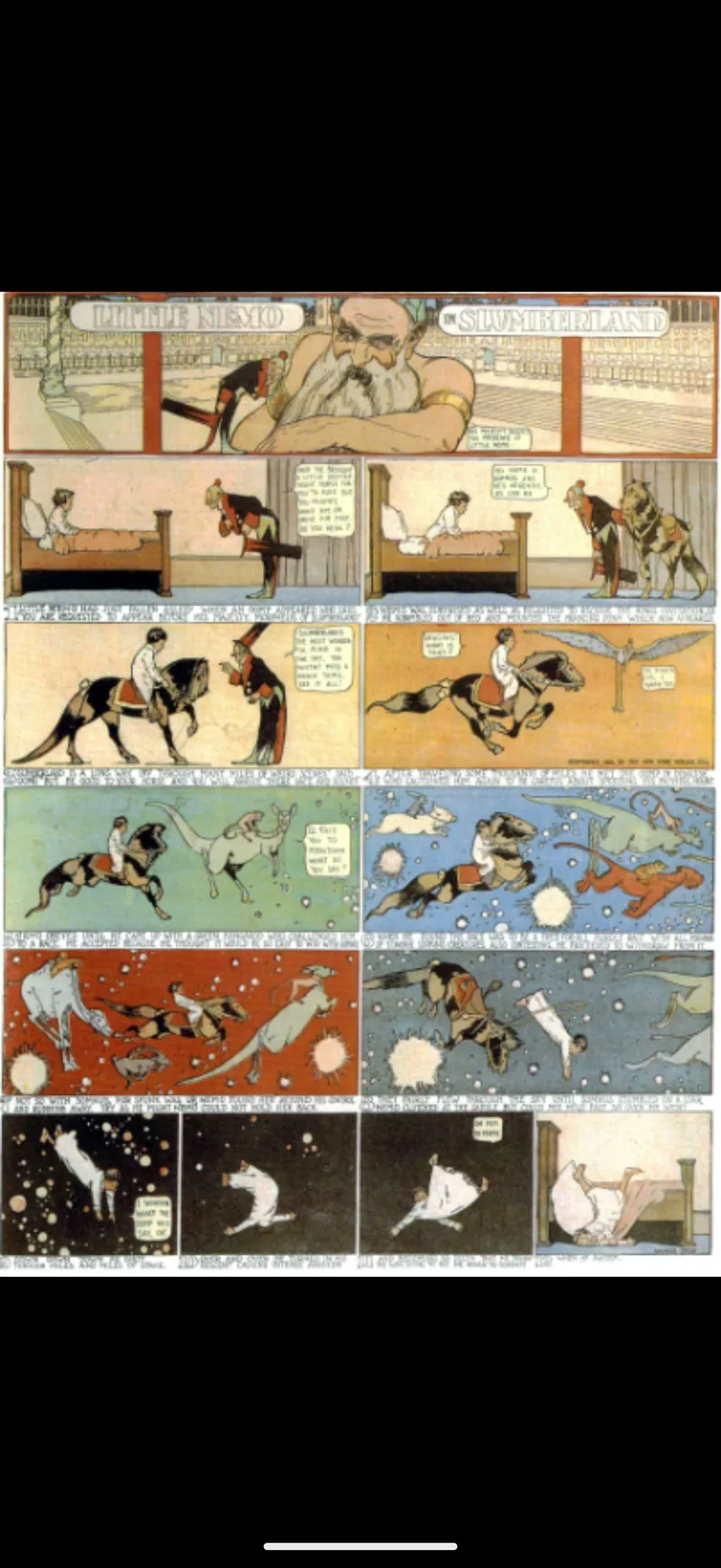 A full-colour Little Nemo in Slumberland comic page shown full screen on a black background in the TritonPanels reader, with the reader controls hidden