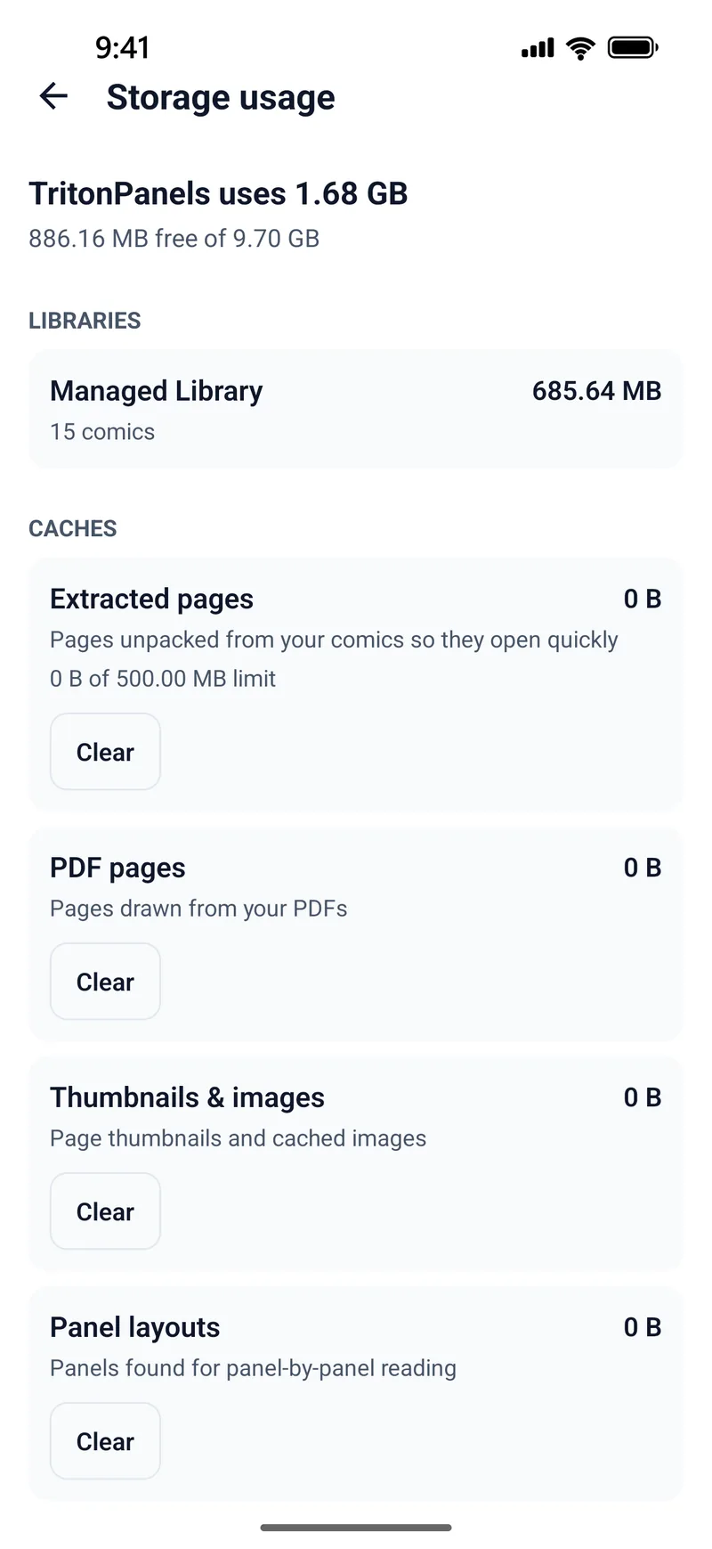 The Storage usage screen in TritonPanels. It reads TritonPanels uses 1.68 GB, 886.16 MB free of 9.70 GB, lists the Managed Library with 15 comics using 685.64 MB, and under Caches shows Extracted pages, PDF pages, Thumbnails and images, and Panel layouts, each with a size and a Clear button.